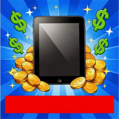 A cheap looking prize banner with a tablet and gold coins.